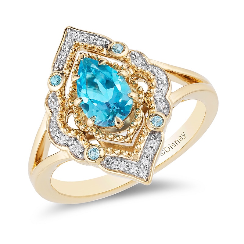 Main Image 1 of Previously Owned - Enchanted Disney Aladdin Pear-Shaped Swiss Blue Topaz and 1/10 CT. T.W. Diamond Ring in 10K Gold