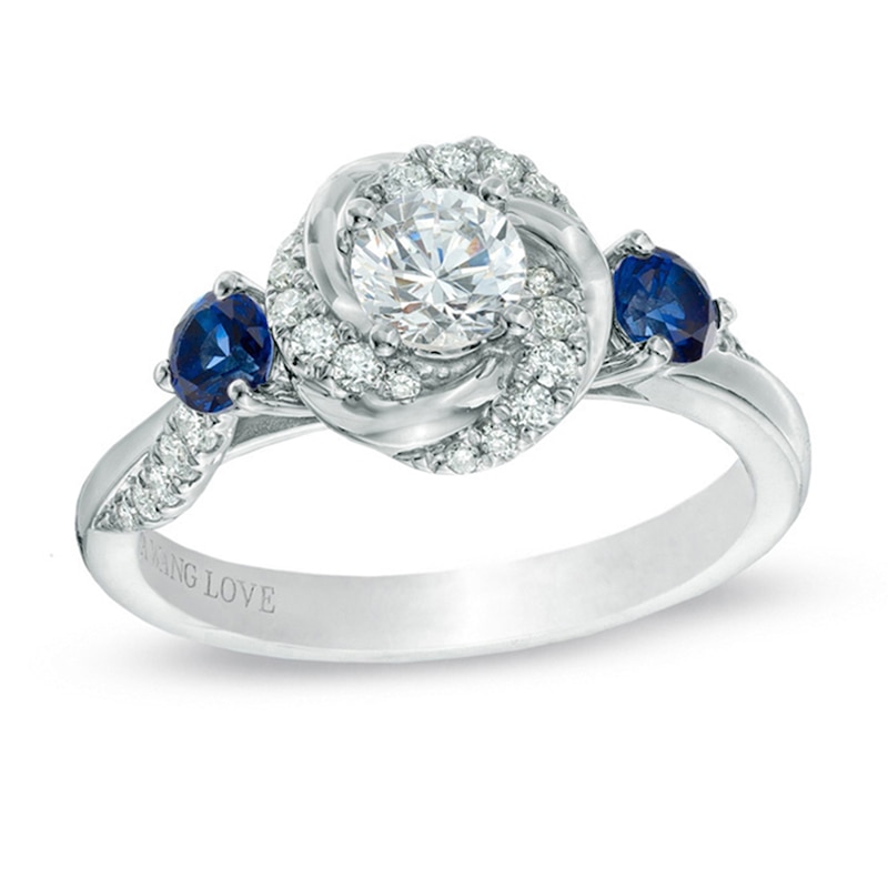Main Image 1 of Previously Owned - Vera Wang Love Collection 5/8 CT. T.W. Diamond and Blue Sapphire Engagement Ring in 14K White Gold