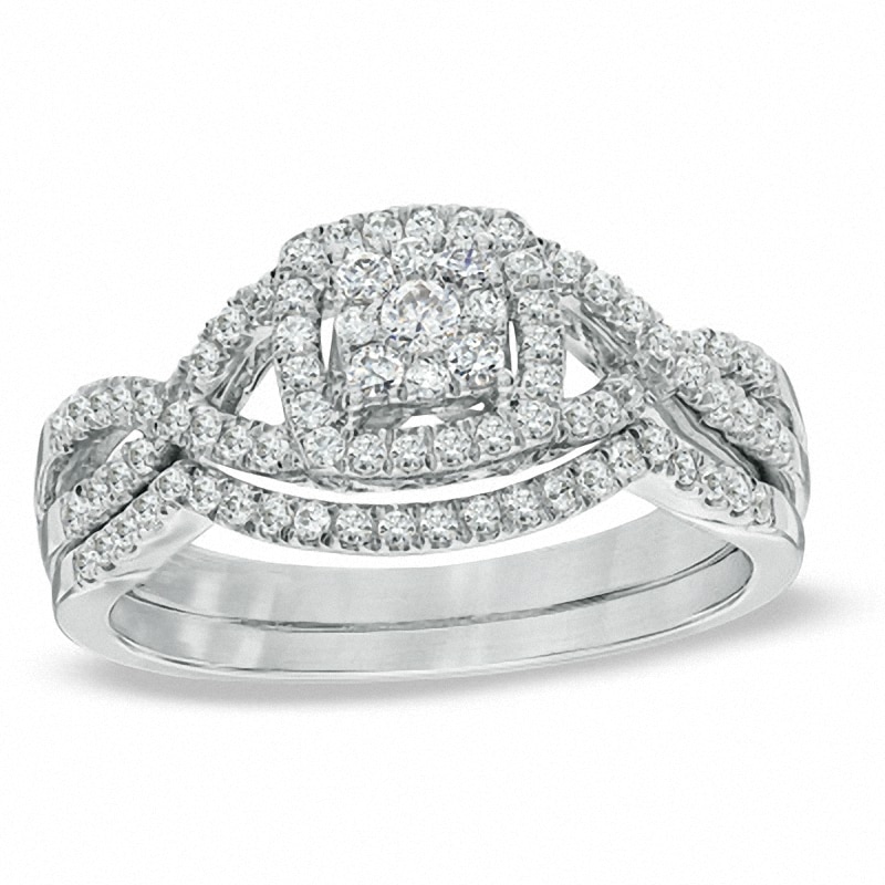 Main Image 1 of Previously Owned 1/2 CT. T.W. Diamond Cluster Twist Shank Soldered Bridal Set in 10K White Gold