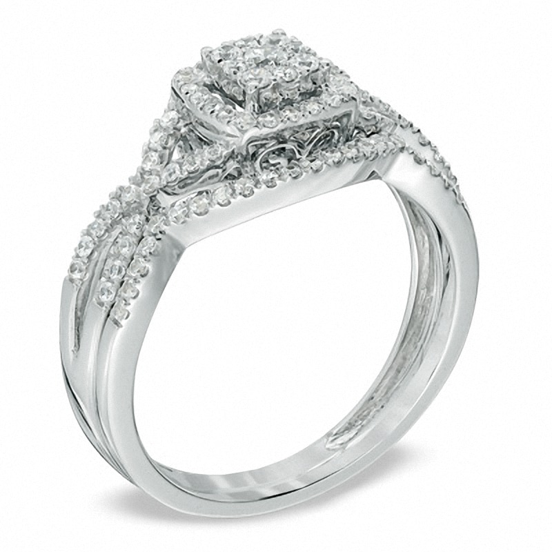 Main Image 2 of Previously Owned 1/2 CT. T.W. Diamond Cluster Twist Shank Soldered Bridal Set in 10K White Gold