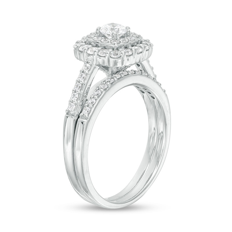 Main Image 2 of Previously Owned - 1 CT. T.W. Diamond Double Cushion Frame Bridal Set in 14K White Gold