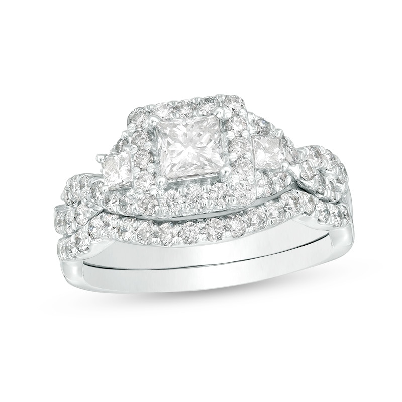 Main Image 1 of Previously Owned - 1-1/2 CT. T.W. Princess-Cut Diamond Three Stone Frame Twist Bridal Set in 10K White Gold