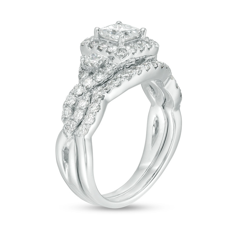 Main Image 3 of Previously Owned - 1-1/2 CT. T.W. Princess-Cut Diamond Three Stone Frame Twist Bridal Set in 10K White Gold