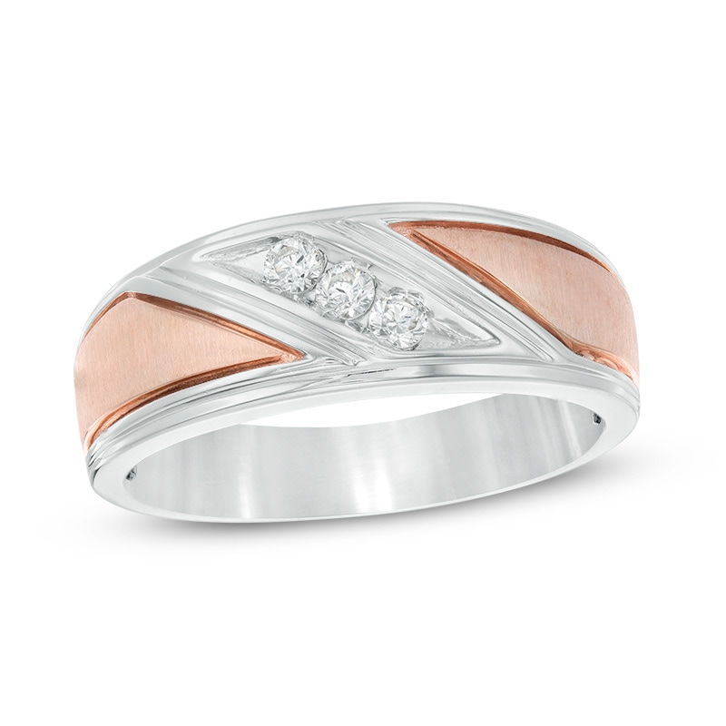 Main Image 1 of Previously Owned - 1/8 CT. T.W. Diamond Three Stone Slant Wedding Band in 10K Two-Tone Gold