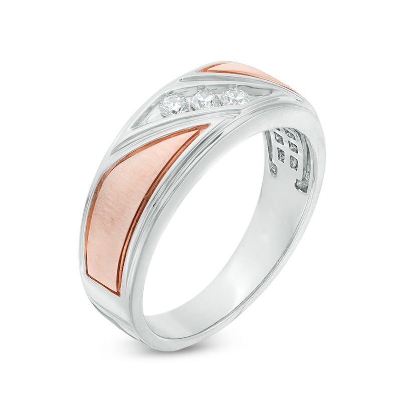 Main Image 2 of Previously Owned - 1/8 CT. T.W. Diamond Three Stone Slant Wedding Band in 10K Two-Tone Gold