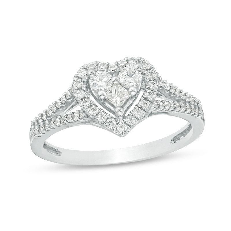 Main Image 1 of Previously Owned - 1/2 CT. T.W. Princess-Cut and Round Diamond Heart Frame Ring in 10K White Gold