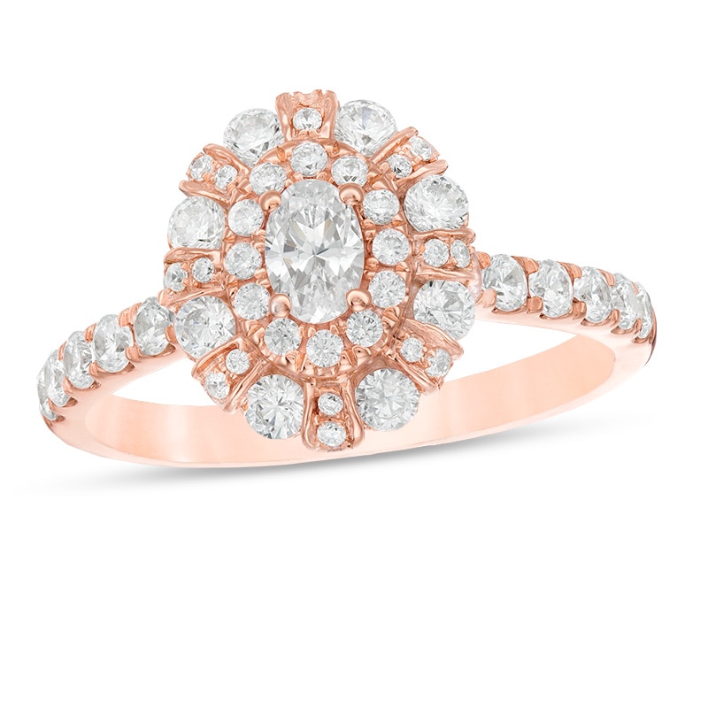 Main Image 1 of Previously Owned - 1 CT. T.W. Oval Diamond Double Frame Art Deco Engagement Ring in 14K Rose Gold