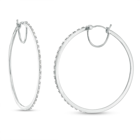 Previously Owned - 1/2 CT. T.W. Baguette and Round Diamond Alternating Hoop Earrings in 10K White Gold Previously Owned - 1/2 CT. T.W. Baguette and Round Diamond Alternating Hoop Earrings in 10K White Gold
