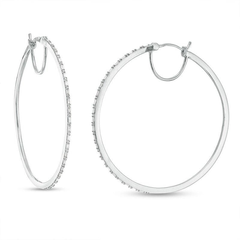 Main Image 1 of Previously Owned - 1/2 CT. T.W. Baguette and Round Diamond Alternating Hoop Earrings in 10K White Gold