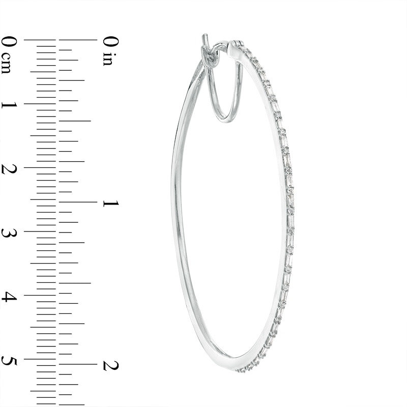 Main Image 2 of Previously Owned - 1/2 CT. T.W. Baguette and Round Diamond Alternating Hoop Earrings in 10K White Gold