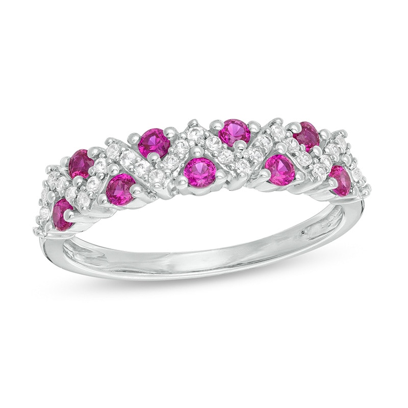 Main Image 1 of Previously Owned - Lab-Created Ruby and White Sapphire Zig-Zag Ring in Sterling Silver
