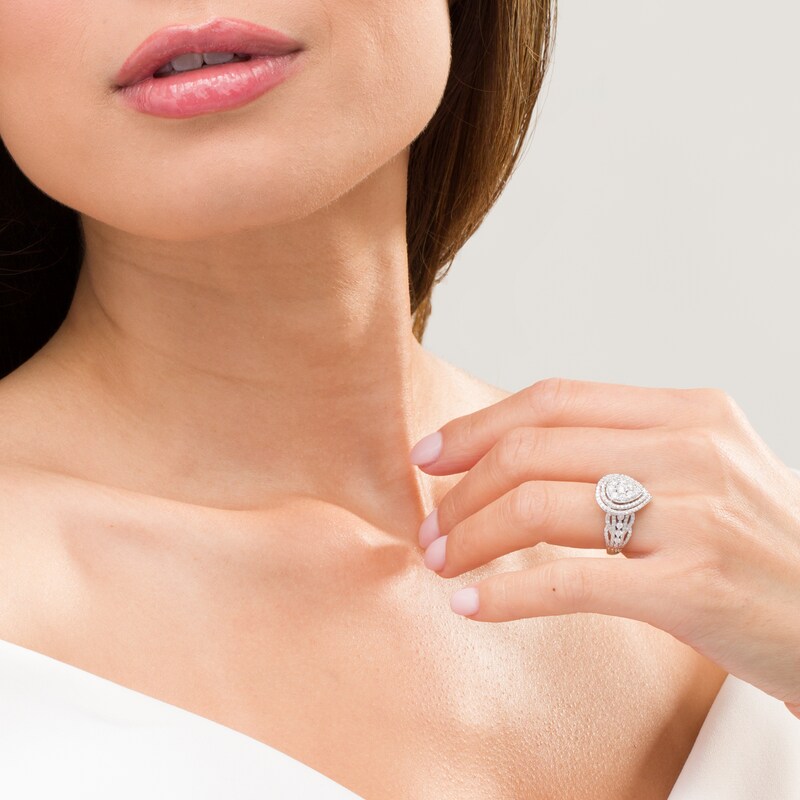 Main Image 2 of Previously Owned - 1 CT. T.W. Diamond Double Pear-Shaped Frame Multi-Row Engagement Ring in 10K White Gold