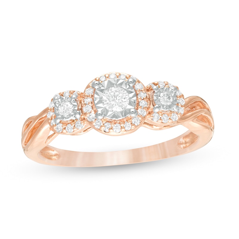 Main Image 1 of Previously Owned - 1/4 CT. T.W. Diamond Past Present Future® Frame Twist Engagement Ring in 10K Rose Gold