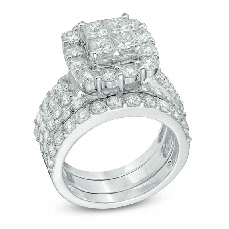 Previously Owned - 4 CT. T.W. Quad Princess-Cut Diamond Frame Bridal Set in 14K White Gold