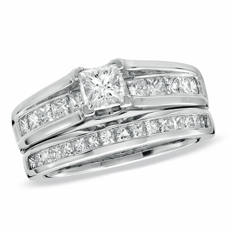 Main Image 1 of Previously Owned - 1-1/2 CT. T.W. Princess-Cut Diamond Bridge Bridal Set in 14K White Gold