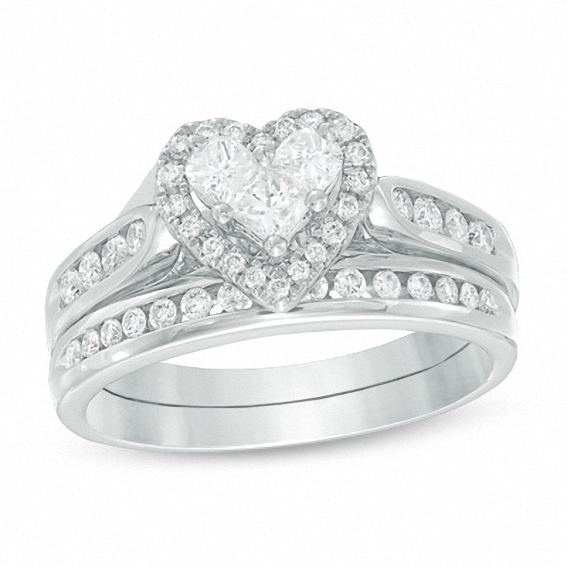 Previously Owned - 3/4 CT. T.W. Diamond Heart Bridal Set in 14K White Gold