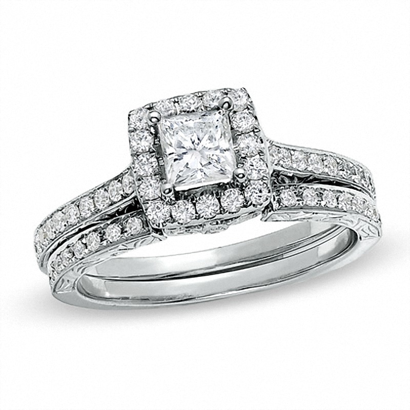 Main Image 1 of Previously Owned - Celebration Lux® 1 CT. T.W. Princess-Cut Diamond Framed Bridal Set in 18K White Gold (H-I/SI1-SI2)