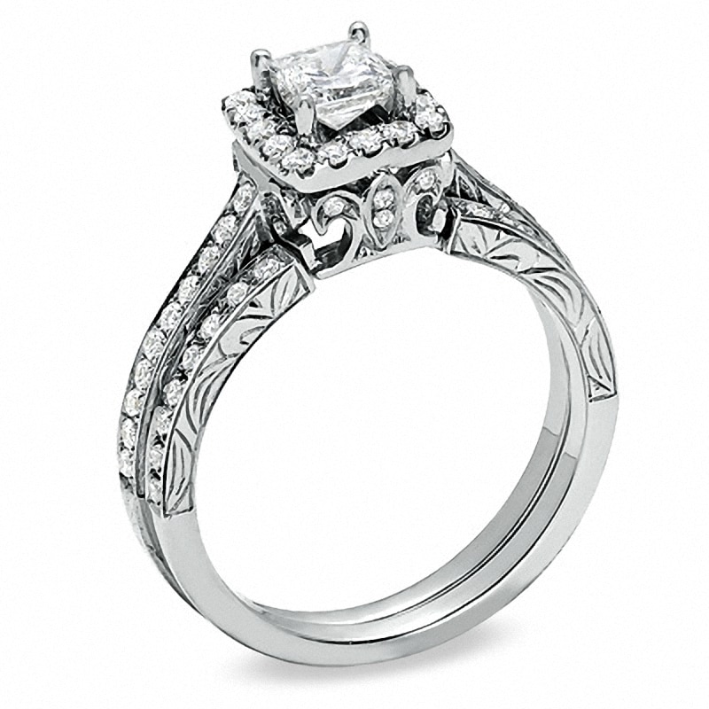 Main Image 2 of Previously Owned - Celebration Lux® 1 CT. T.W. Princess-Cut Diamond Framed Bridal Set in 18K White Gold (H-I/SI1-SI2)