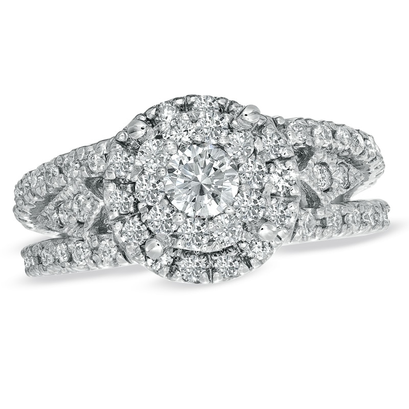 Main Image 1 of Previously Owned - 1 CT. T.W. Diamond Cluster Split Shank Engagement Ring in 14K White Gold