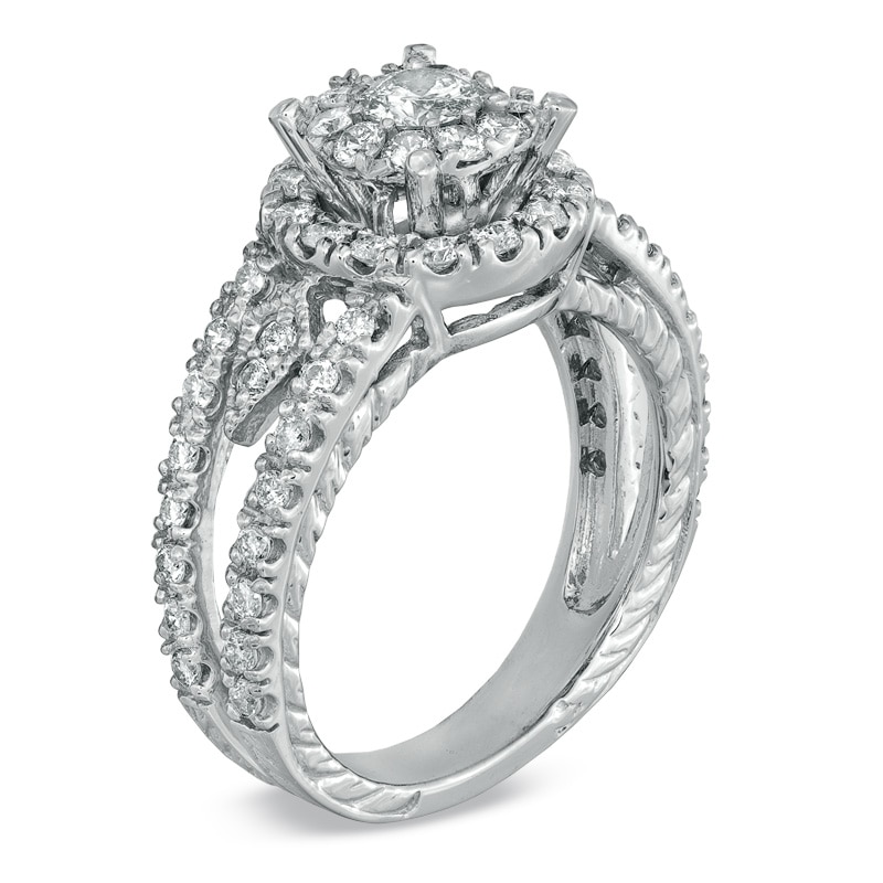 Main Image 2 of Previously Owned - 1 CT. T.W. Diamond Cluster Split Shank Engagement Ring in 14K White Gold