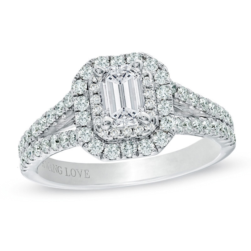 Previously Owned - Vera Wang Love Collection 1-1/3 CT. T.W. Emerald-Cut Diamond Frame Engagement Ring in 14K White Gold