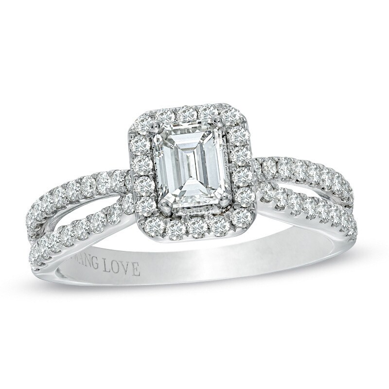 Main Image 1 of Previously Owned - Vera Wang Love Collection 1 CT. T.W. Emerald-Cut Diamond Split Shank Ring in 14K White Gold