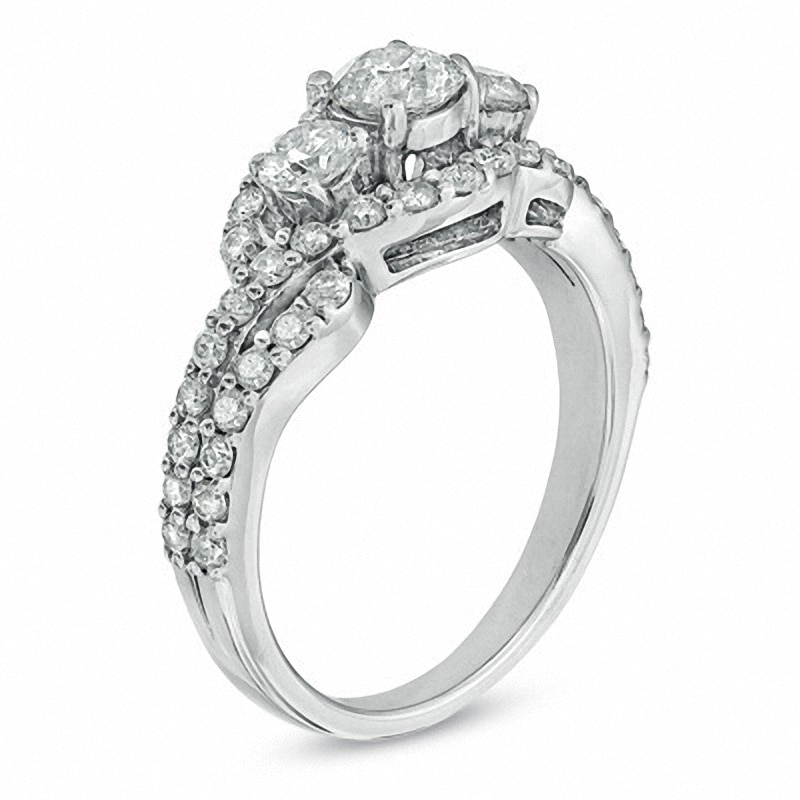 Main Image 2 of Previously Owned - 1-1/2 CT. T.W. Diamond Three Stone Frame Ring in Platinaire®