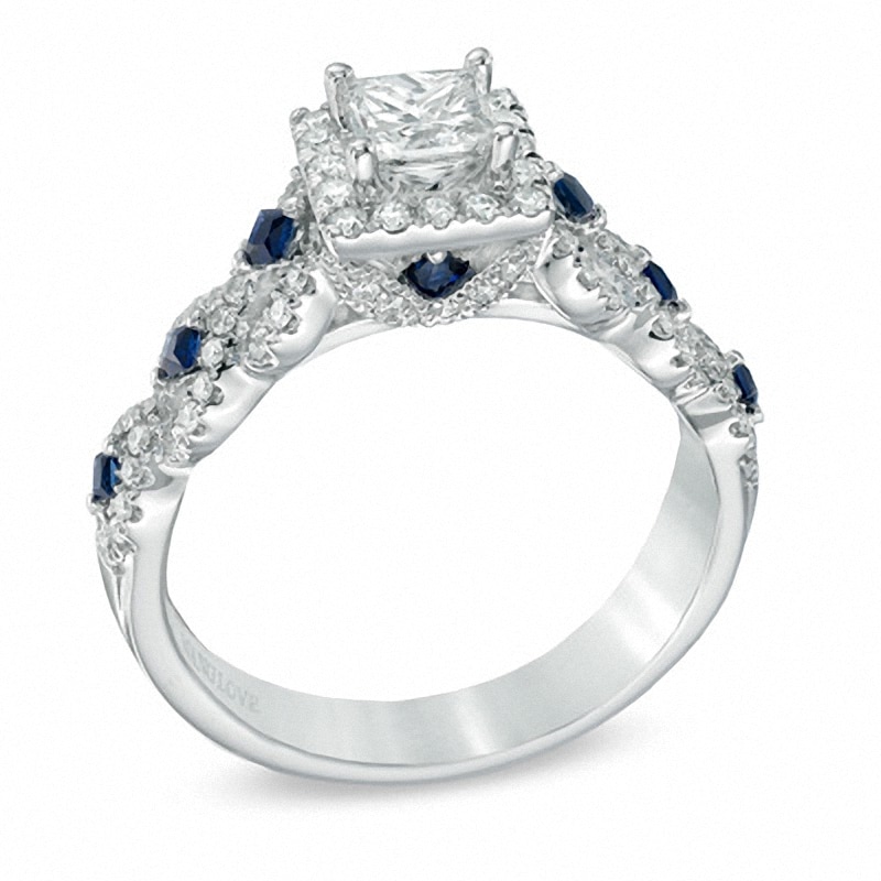 Previously Owned - Vera Wang Love Collection 1 CT. T.W. Diamond and Blue Sapphire Engagement Ring in 14K White Gold