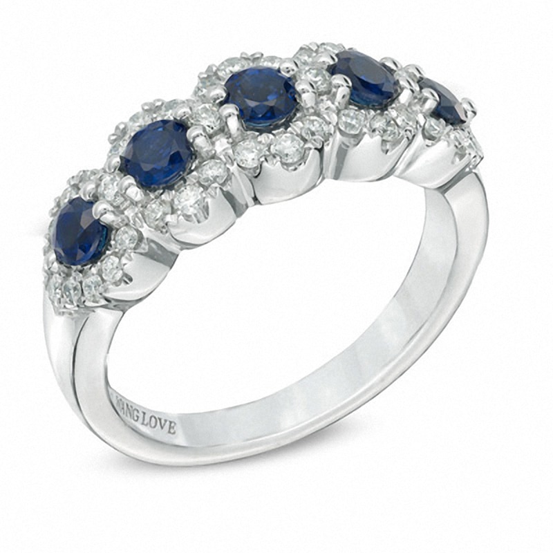 Main Image 2 of Previously Owned - Vera Wang Love Collection Blue Sapphire and 3/8 CT. T.W. Diamond Ring in 14K White Gold