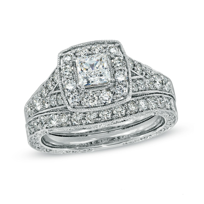Main Image 1 of Previously Owned - Celebration Grand® 1-1/2 CT. T.W. Princess-Cut Frame Diamond Bridal Set in 14K White Gold (H-I/I1)
