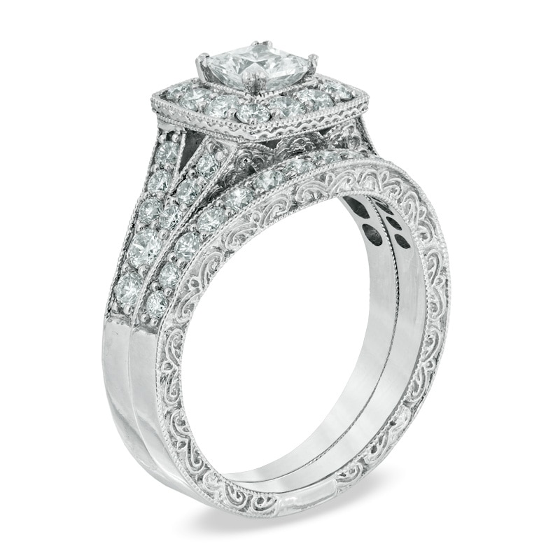 Main Image 2 of Previously Owned - Celebration Grand® 1-1/2 CT. T.W. Princess-Cut Frame Diamond Bridal Set in 14K White Gold (H-I/I1)