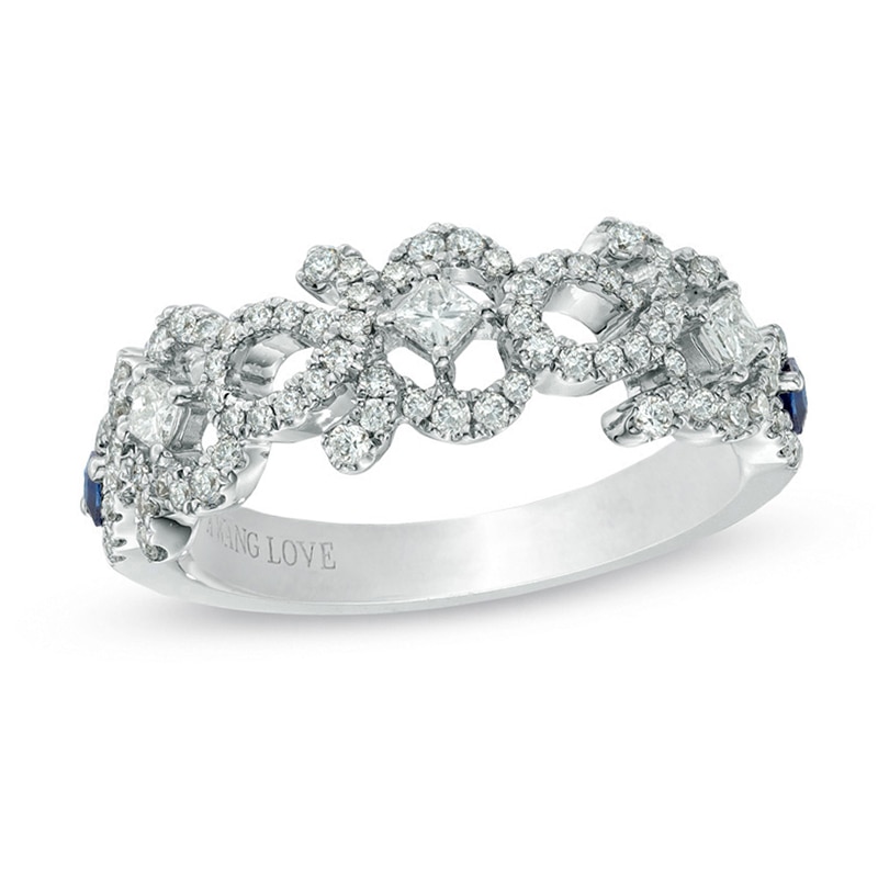 Main Image 1 of Previously Owned - Vera Wang Love Collection 1/2 CT. T.W. Diamond and Blue Sapphire Curlique Band in 14K White Gold