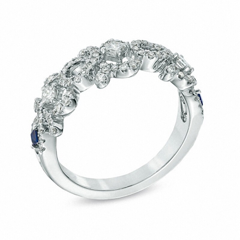 Main Image 2 of Previously Owned - Vera Wang Love Collection 1/2 CT. T.W. Diamond and Blue Sapphire Curlique Band in 14K White Gold