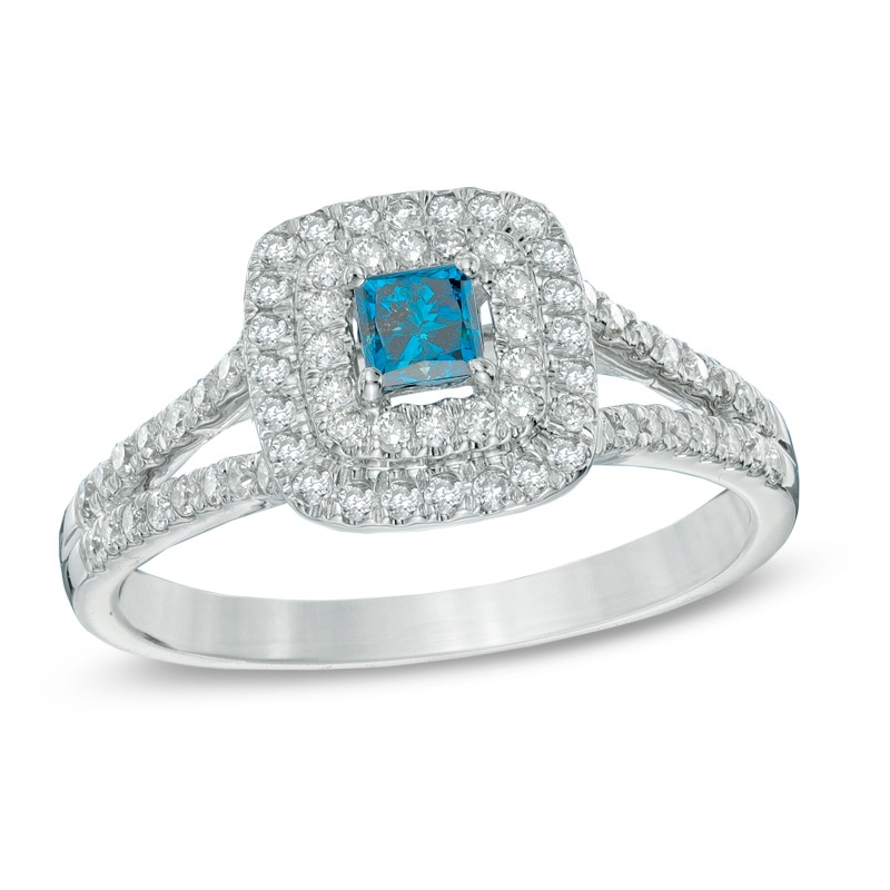 Main Image 1 of Previously Owned - 5/8 CT. T.W. Enhanced Blue and White Diamond Double Frame Engagement Ring in 14K White Gold