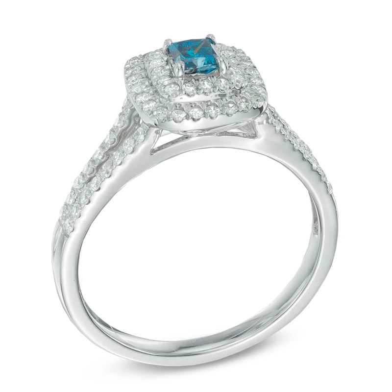 Main Image 2 of Previously Owned - 5/8 CT. T.W. Enhanced Blue and White Diamond Double Frame Engagement Ring in 14K White Gold