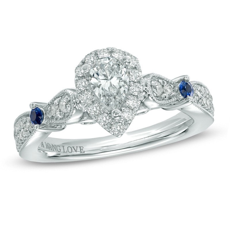 Main Image 1 of Previously Owned - Vera Wang Love Collection 5/8 CT. T.W. Diamond and Sapphire Vintage-Style Ring in 14K White Gold