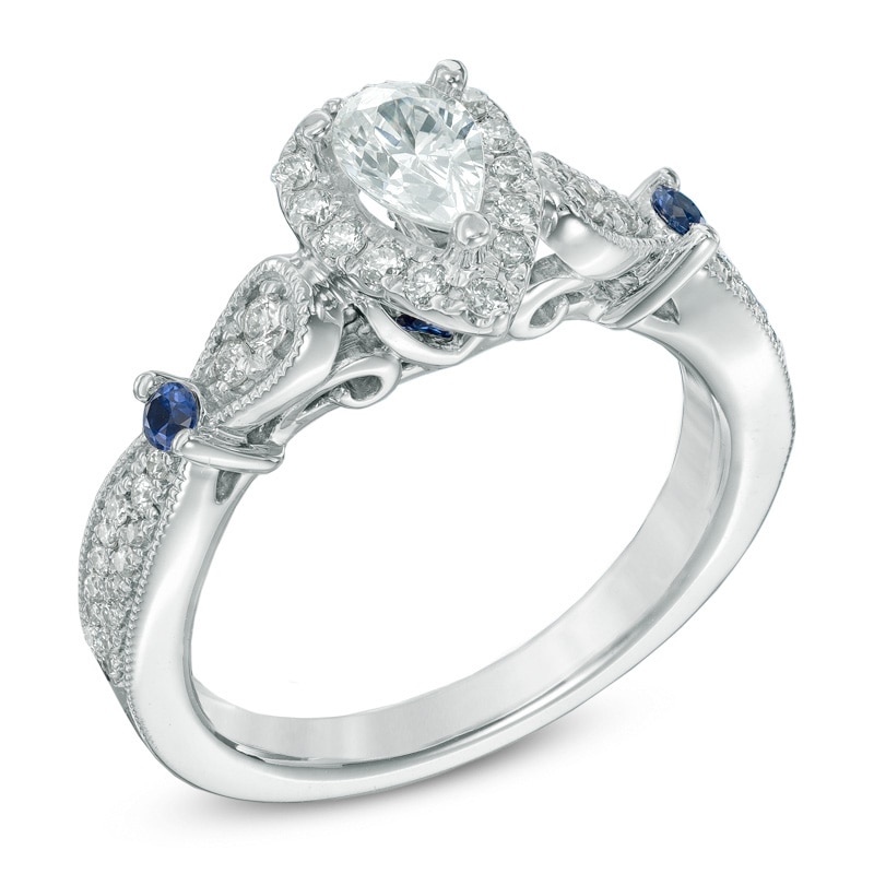 Main Image 2 of Previously Owned - Vera Wang Love Collection 5/8 CT. T.W. Diamond and Sapphire Vintage-Style Ring in 14K White Gold