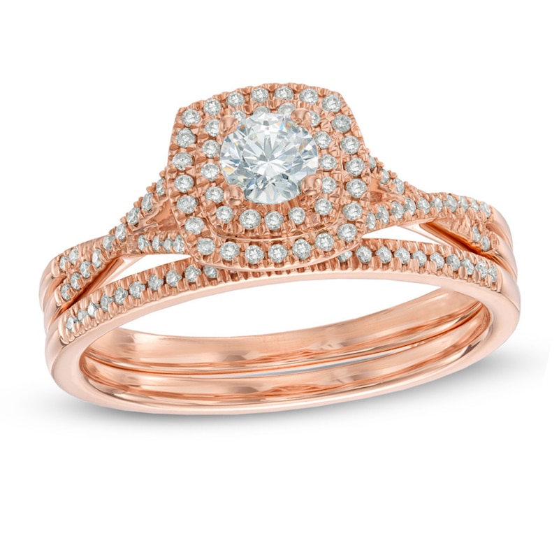 Main Image 1 of Previously Owned - 1/2 CT. T.W. Diamond Double Frame Bridal Set in 14K Rose Gold