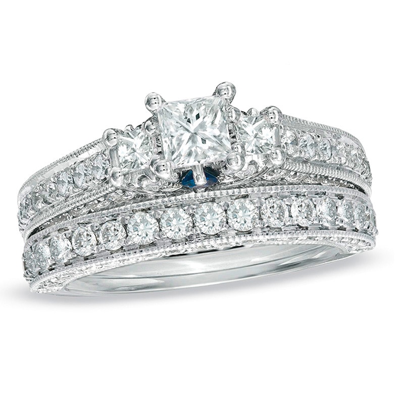 Previously Owned - Vera Wang Love Collection 2 CT. T.W. Princess-Cut Diamond Three Stone Bridal Set in 14K White Gold