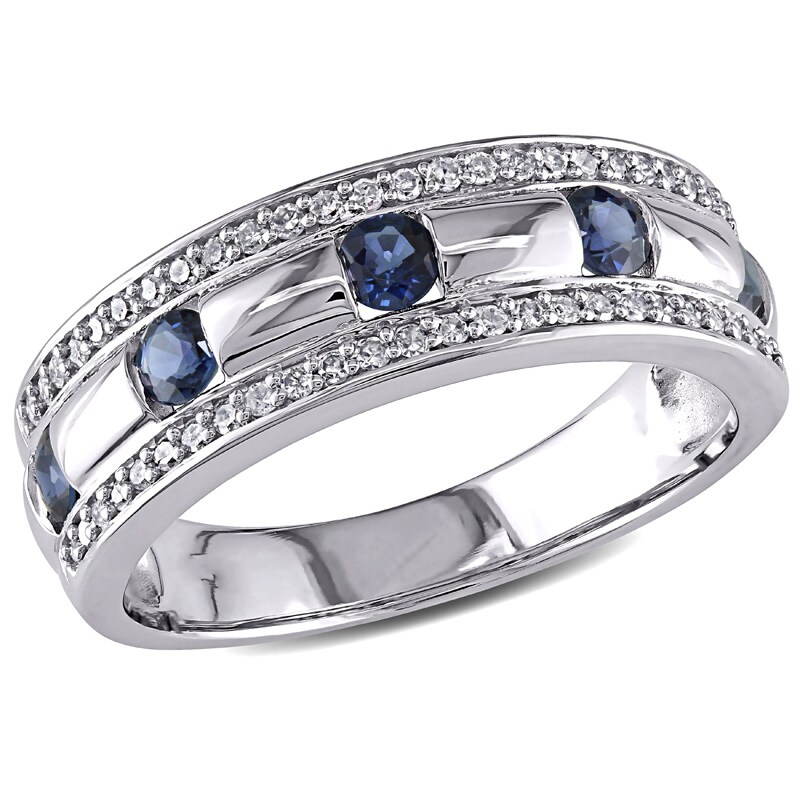 Main Image 1 of Previously Owned - Blue Sapphire and 1/4 CT. T.W. Diamond Triple Row Wedding Band in 10K White Gold