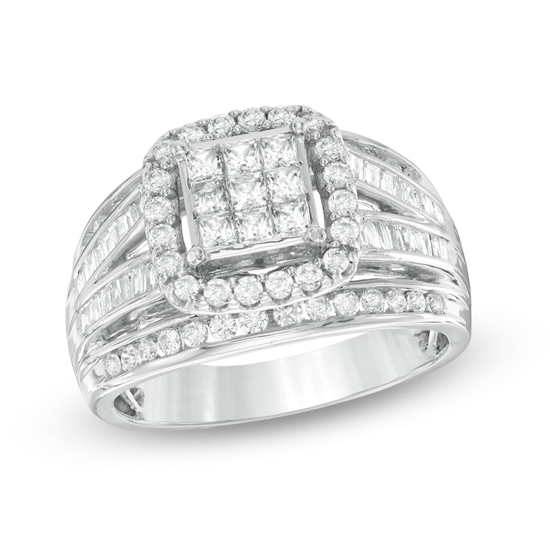 Main Image 1 of Previously Owned - 1 CT. T.W. Princess-Cut Composite Diamond Frame Split Shank Ring in 10K White Gold