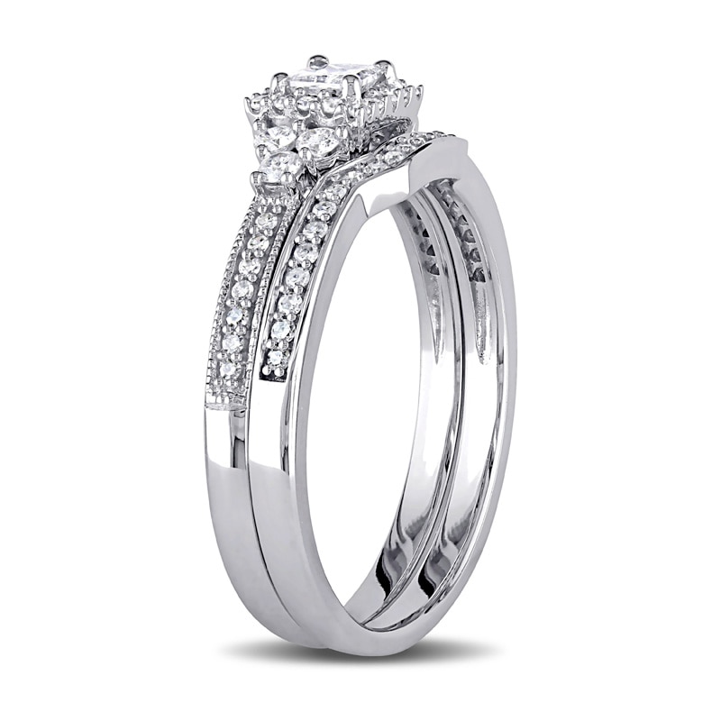 Main Image 2 of Previously Owned - 5/8 CT. T.W. Princess-Cut Diamond Frame Tri-Sides Vintage-Style Bridal Set in 14K White Gold