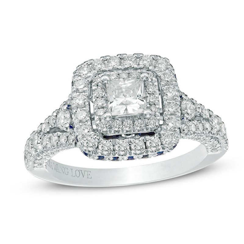 Main Image 1 of Previously Owned - Vera Wang Love Collection 1-1/3 CT. T.W. Diamond and Sapphire Frame Engagement Ring in 14K White Gold