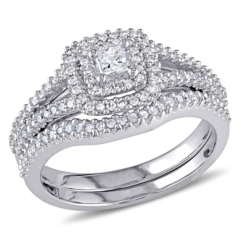 Previously Owned - 1/2 CT. T.W. Princess-Cut Diamond Double Frame Bridal Set in Sterling Silver