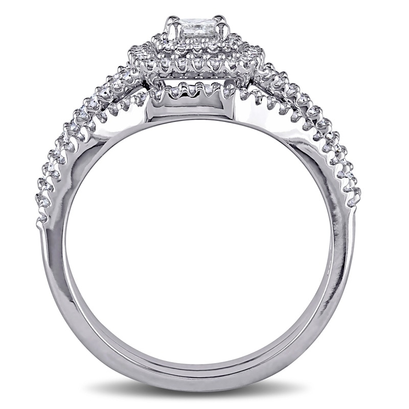 Previously Owned - 1/2 CT. T.W. Princess-Cut Diamond Double Frame Bridal Set in Sterling Silver