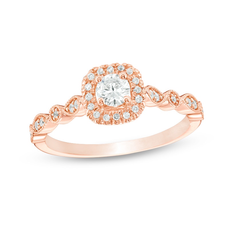 Previously Owned - 3/8 CT. T.W. Diamond Cushion Frame Vintage-Style Engagement Ring in 14K Rose Gold