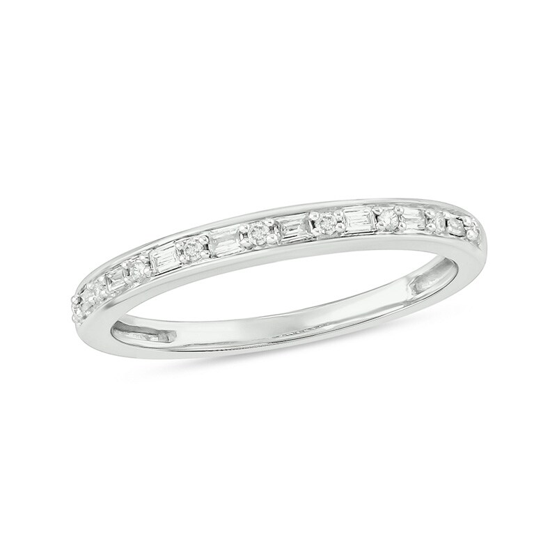 Previously Owned - 1/8 CT. T.W. Baguette and Round Diamond Alternating Stackable Band in 10K White Gold