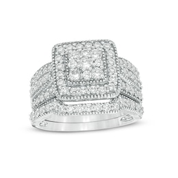 Previously Owned - 1-1/4 CT. T.W. Composite Diamond Square Frame Vintage-Style Multi-Row Bridal Set in 10K White Gold