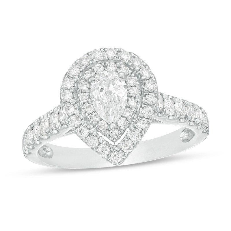 Main Image 1 of Previously Owned - 1 CT. T.W. Pear-Shaped Diamond Double Frame Engagement Ring in 14K White Gold