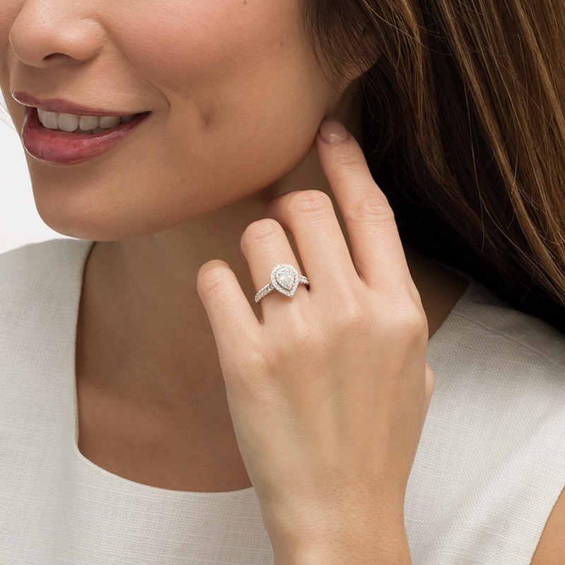 Main Image 2 of Previously Owned - 1 CT. T.W. Pear-Shaped Diamond Double Frame Engagement Ring in 14K White Gold